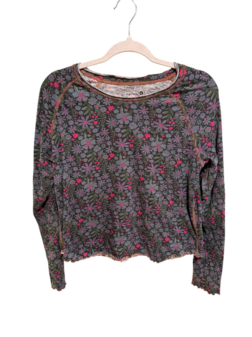 NATURAL LIFE 100% Cotton Floral Long-Sleeve Tee in Gray with Pink Accents - L
